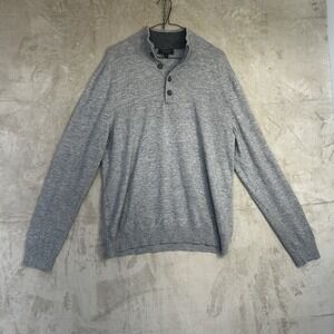 Express Mens L Sweater Grey Merino Blend Mock Neck Button Henley Long Sleeve